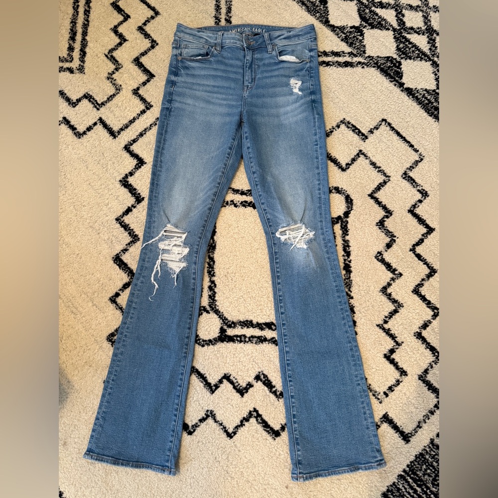 American Eagle Outfitters High Rise Distressed Kickboot Flare Jeans